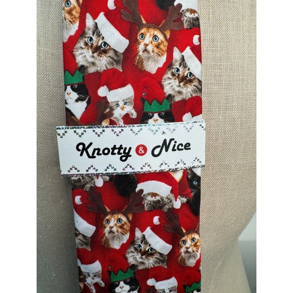 Knotty and Nice Santa Cats Holiday Christmas Tie OS Red Santa Polyester - Picture 3 of 16
